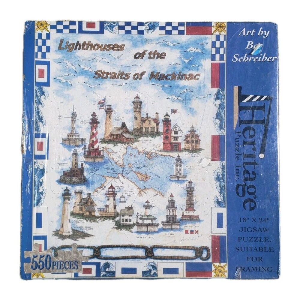 Heritage 550 Piece Puzzle LIGHTHOUSES OF THE STRAITS OF MACKINAC by Bev Schreibe